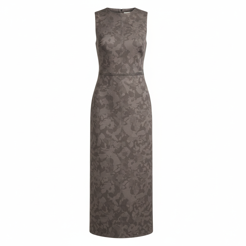 Silk-Blend Camouflage Print Sleeveless Sheath Midi Dress