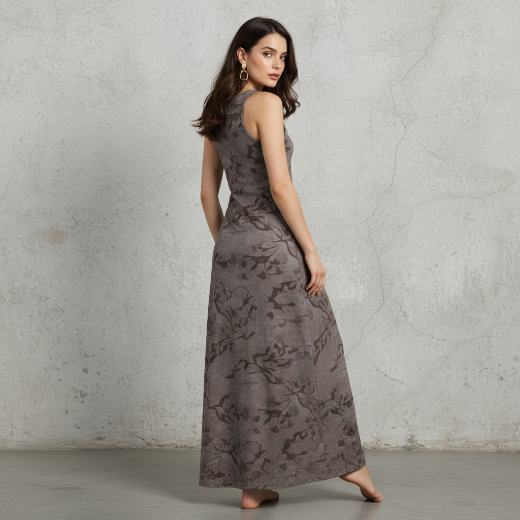 Modal Blend Long Sleeveless Dress with Floral Print for Women