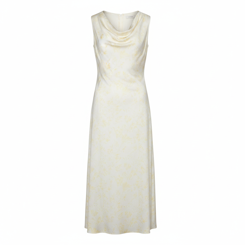 Silk-like Cowl Neck Midi Dress for Women - Elegant and Flowing Sleeveless Design with Subtle Floral Pattern