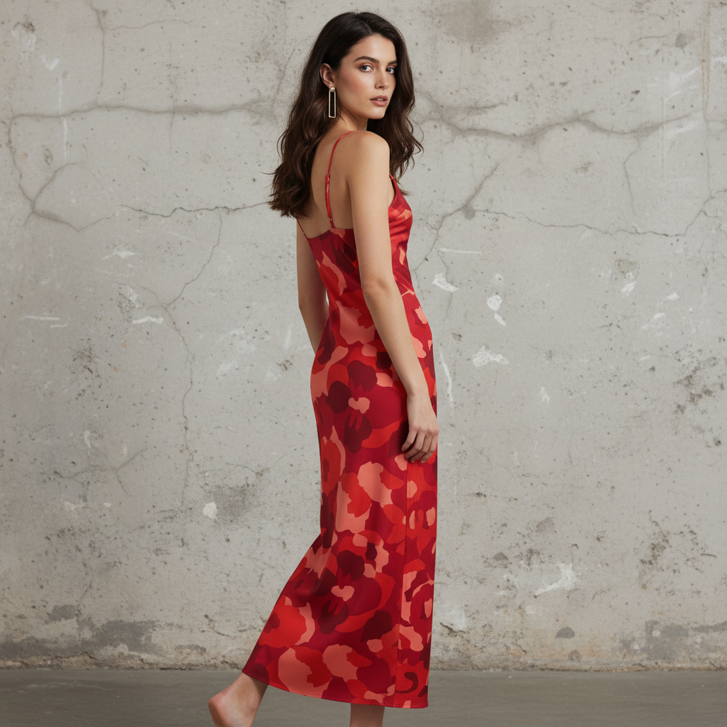 Silk Satin Floral Print Slip Dress for Women - Elegant V-Neck Mid-Length Bodycon Dress with Thin Straps