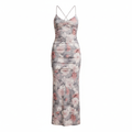 Silk-Like Floral Print Bodycon Midi Dress for Women - Cross Strap Back, Elegant Party & Evening Wear