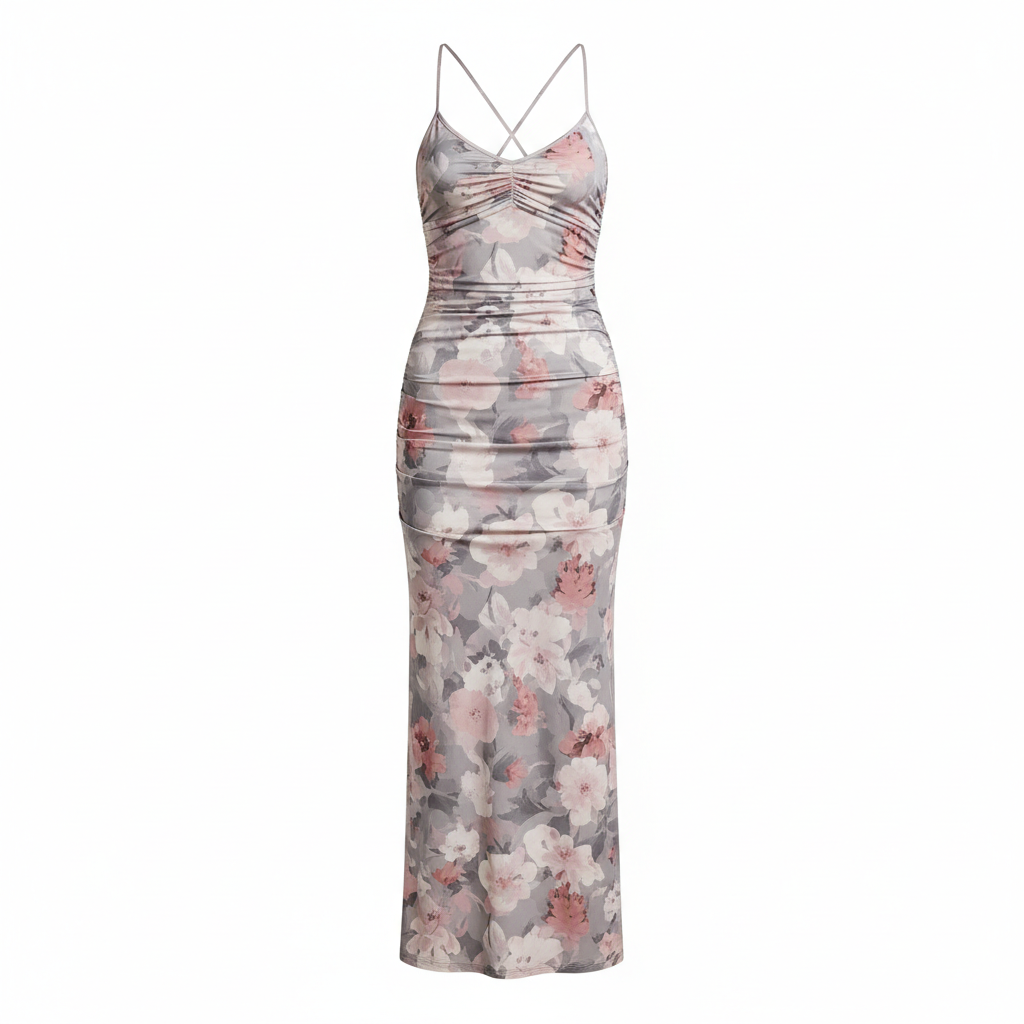 Silk-Like Floral Print Bodycon Midi Dress for Women - Cross Strap Back, Elegant Party & Evening Wear