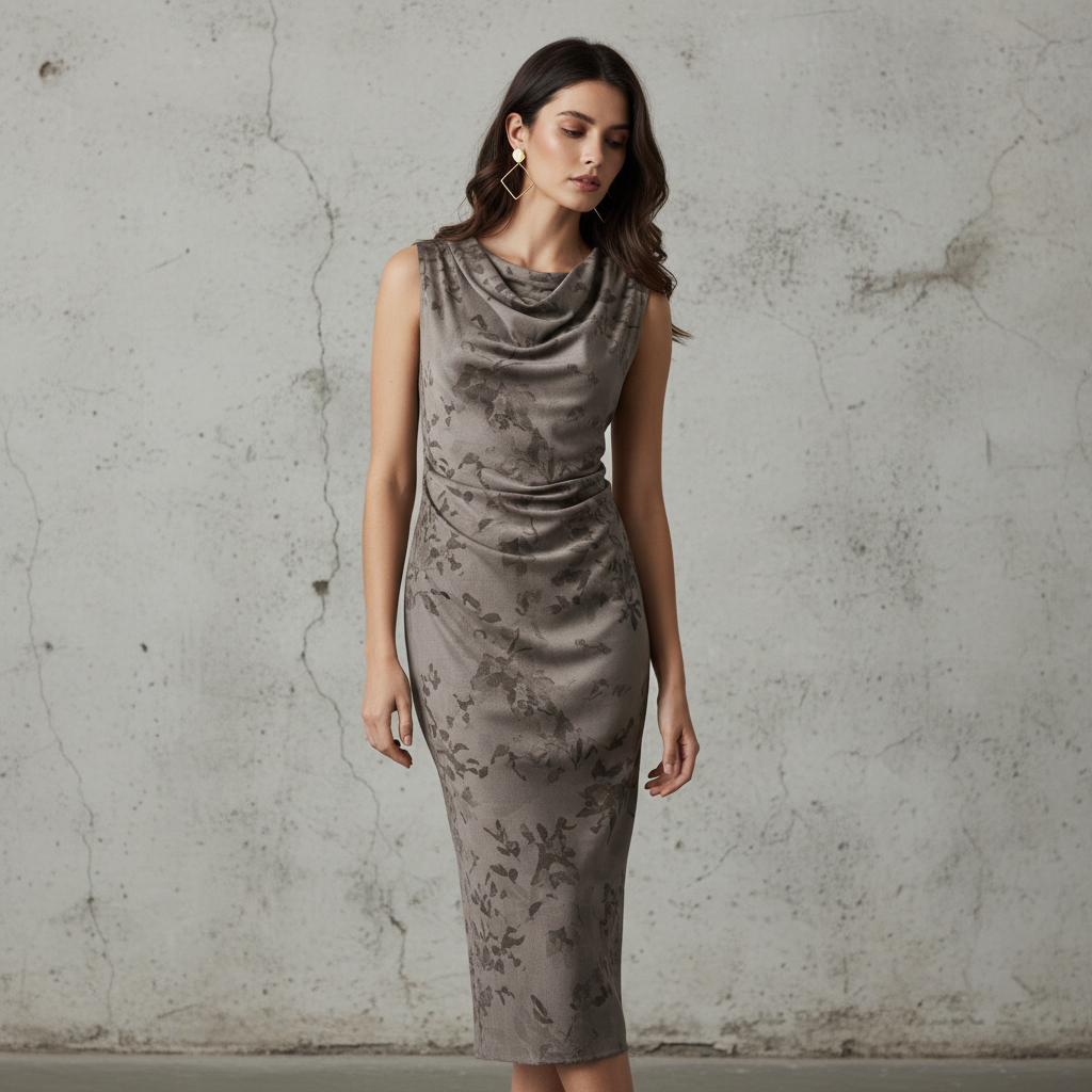 Silk-like Cowl Neck Midi Dress with Floral Print for Women Elegant Bodycon Fit
