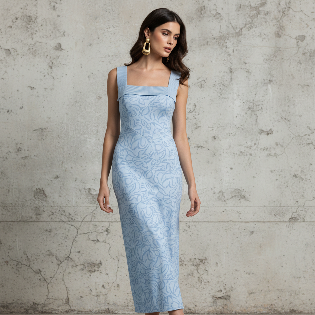 Light Blue Floral Knit Midi Dress with Square Neckline and Ribbed Trim