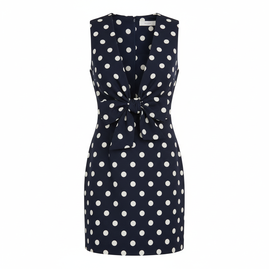 Polka Dot Sleeveless Fitted Dress in Polyester Satin with Bow Detail