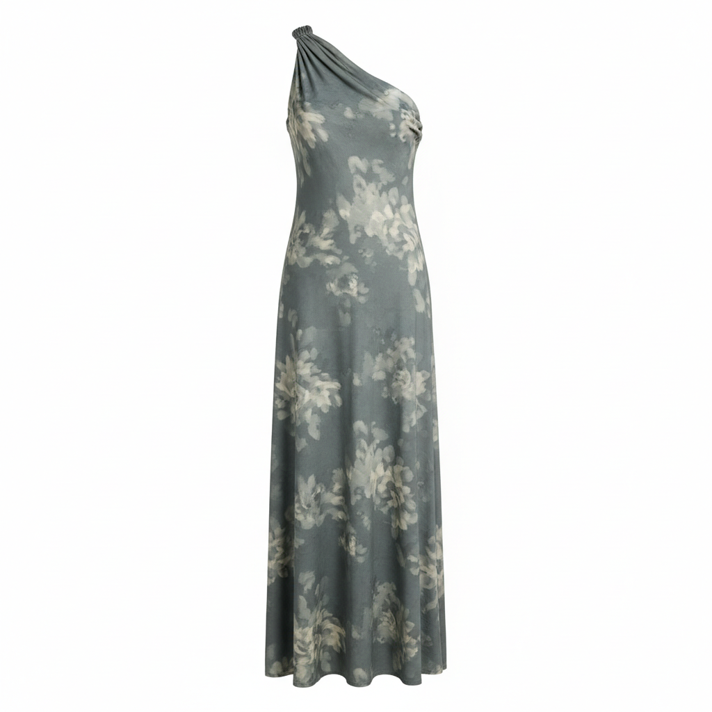 Silk-like One-Shoulder Floral Print Midi Dress for Women Elegant Asymmetrical Fit Bodycon Dress