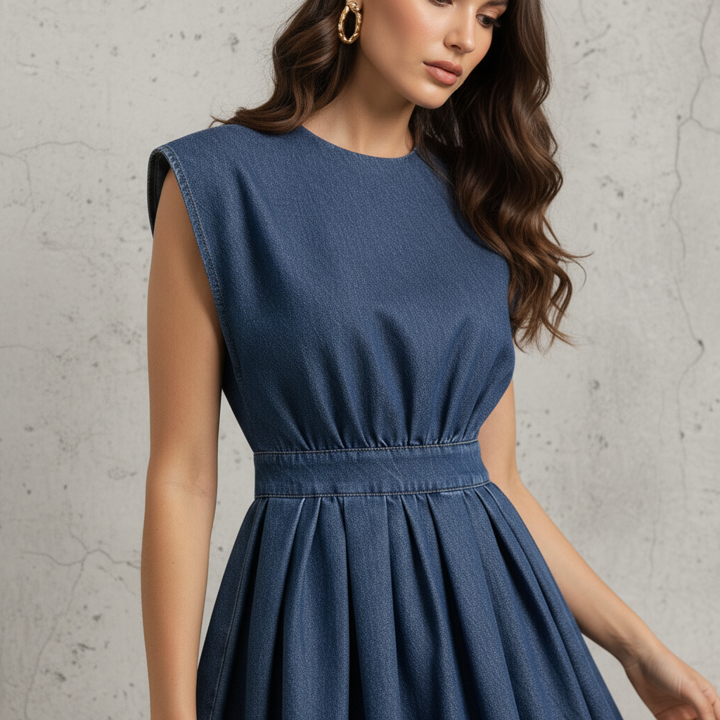 Denim Sleeveless A-Line Dress with Pleated Skirt for Women