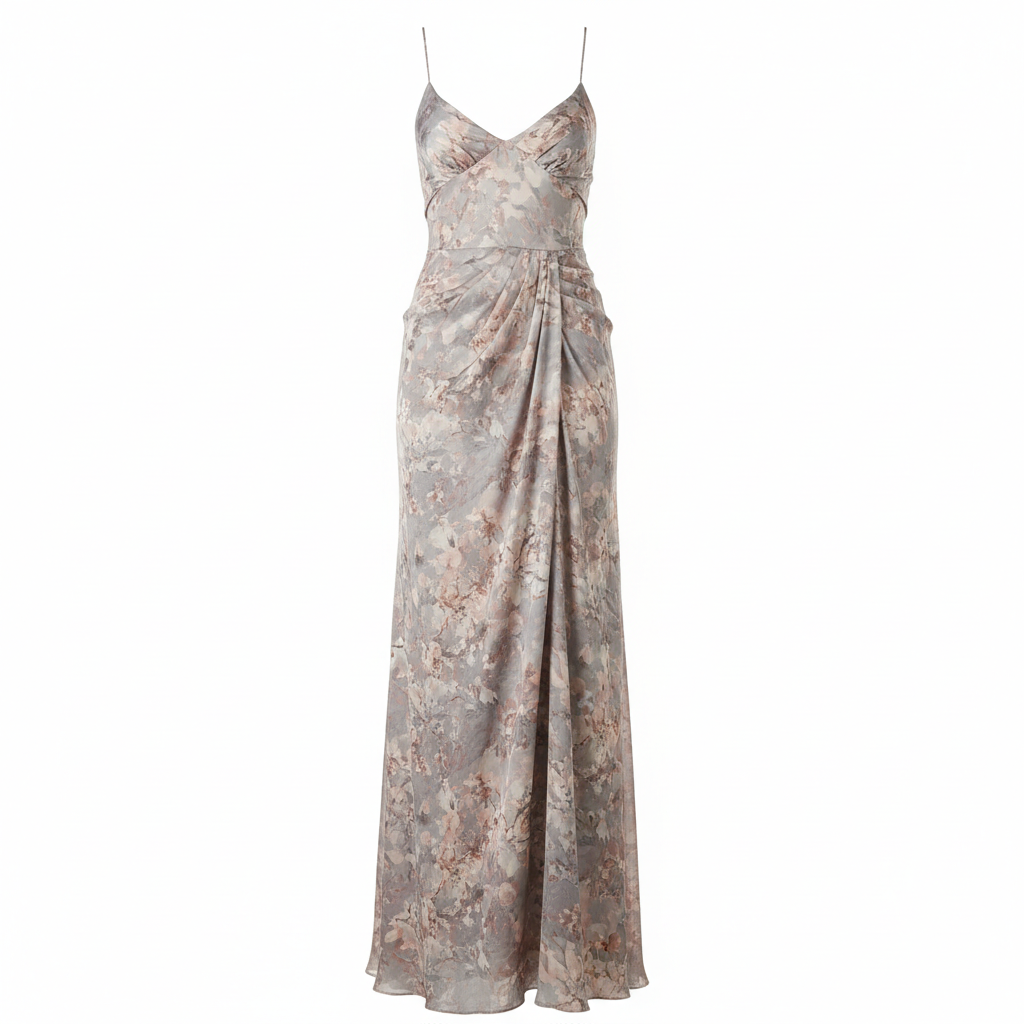 Silk-like Floral Print Maxi Dress with Draped Waist and Thin Straps