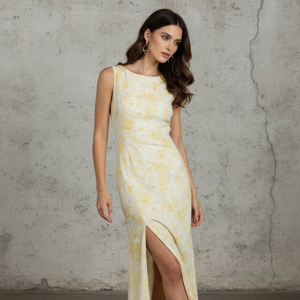 Silk-Like Sheath Dress with Floral Print Mid-Length Sleeveless Dress for Women
