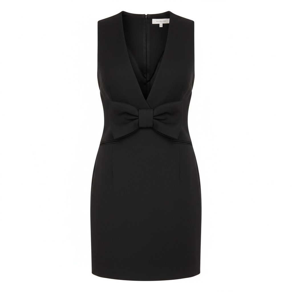 Polyester Sheath Dress with Bow Detailing - Elegant Black Bodycon Mini Dress for Women
