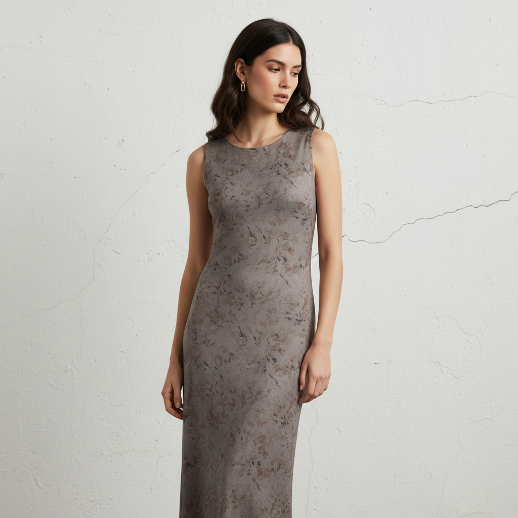 Silk-like Sheer Floral Print Sleeveless Maxi Dress for Women Elegant Long Bodycon Dress with Round Neck and Back Zipper