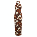 Floral Print Halter Neck Midi Dress in Satin-Like Fabric for Women