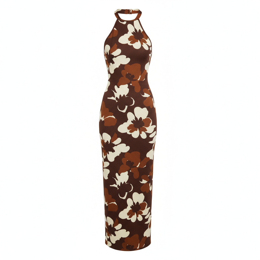 Floral Print Halter Neck Midi Dress in Satin-Like Fabric for Women
