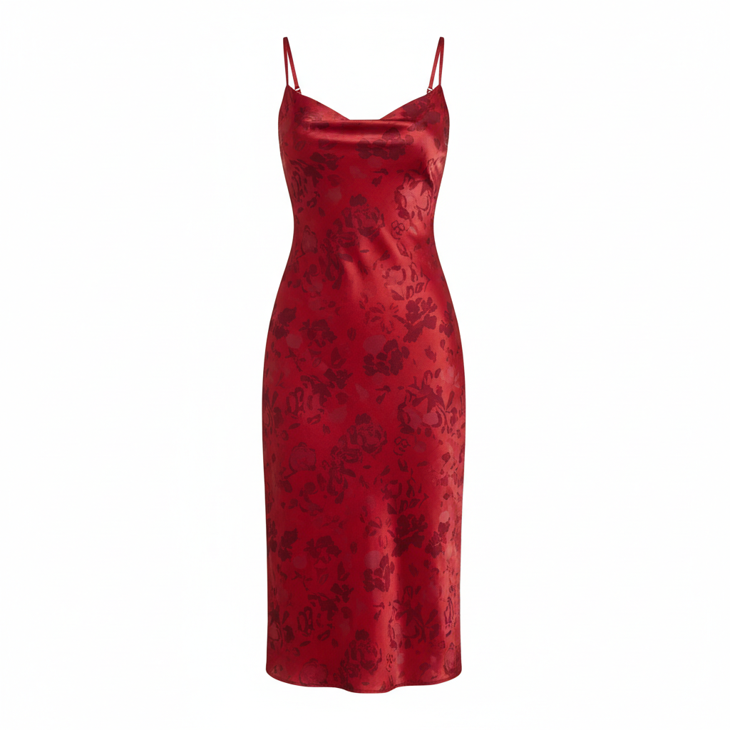Silk Satin Floral Print Slip Dress for Women Elegant Red Mid-Length Bodycon Dress with Thin Straps