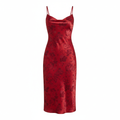Silk Satin Floral Print Slip Dress for Women Elegant Red Mid-Length Bodycon Dress with Thin Straps
