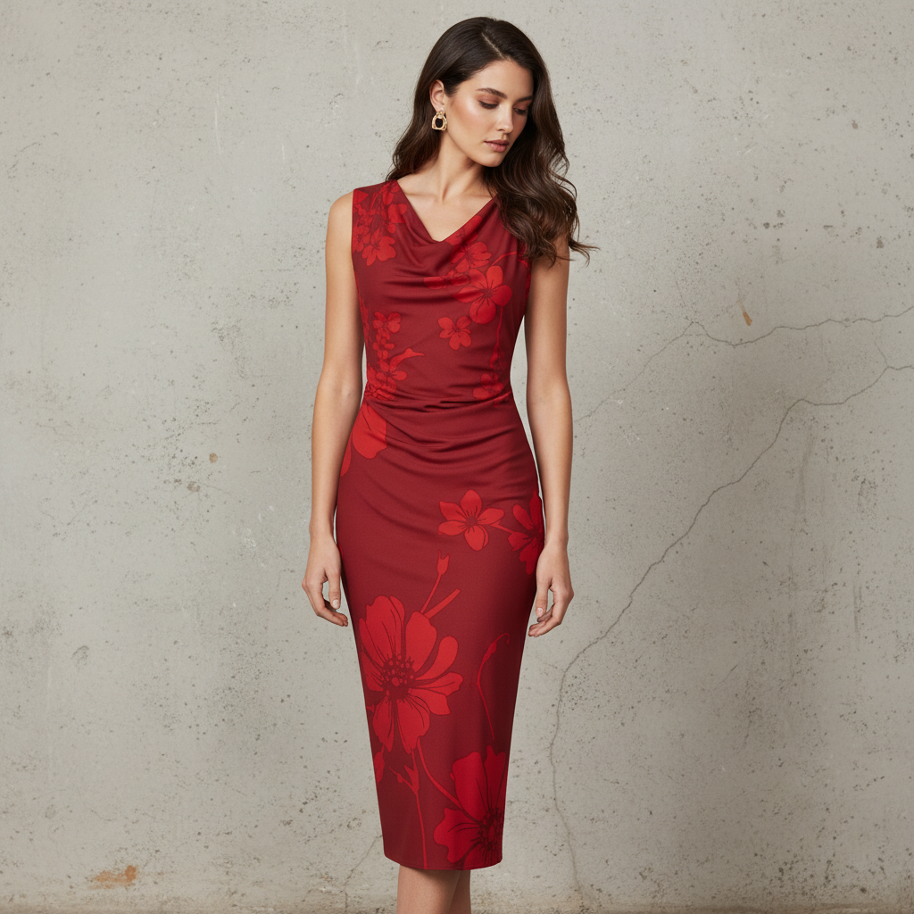 Silk-like Midi Dress with Floral Print V-Neck Sleeveless Bodycon Fit for Women