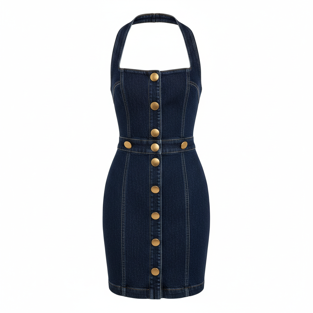 Denim Halter Button Front Bodycon Dress