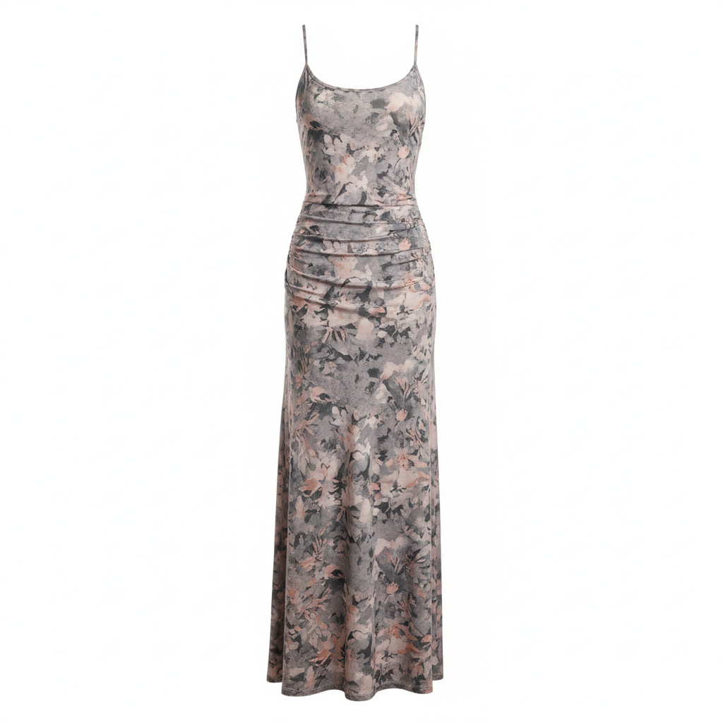 Silk-Like Floral Print Maxi Dress with Ruched Waist and Thin Straps for Women