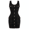 Denim Sleeveless Button Front Bodycon Dress with Pockets