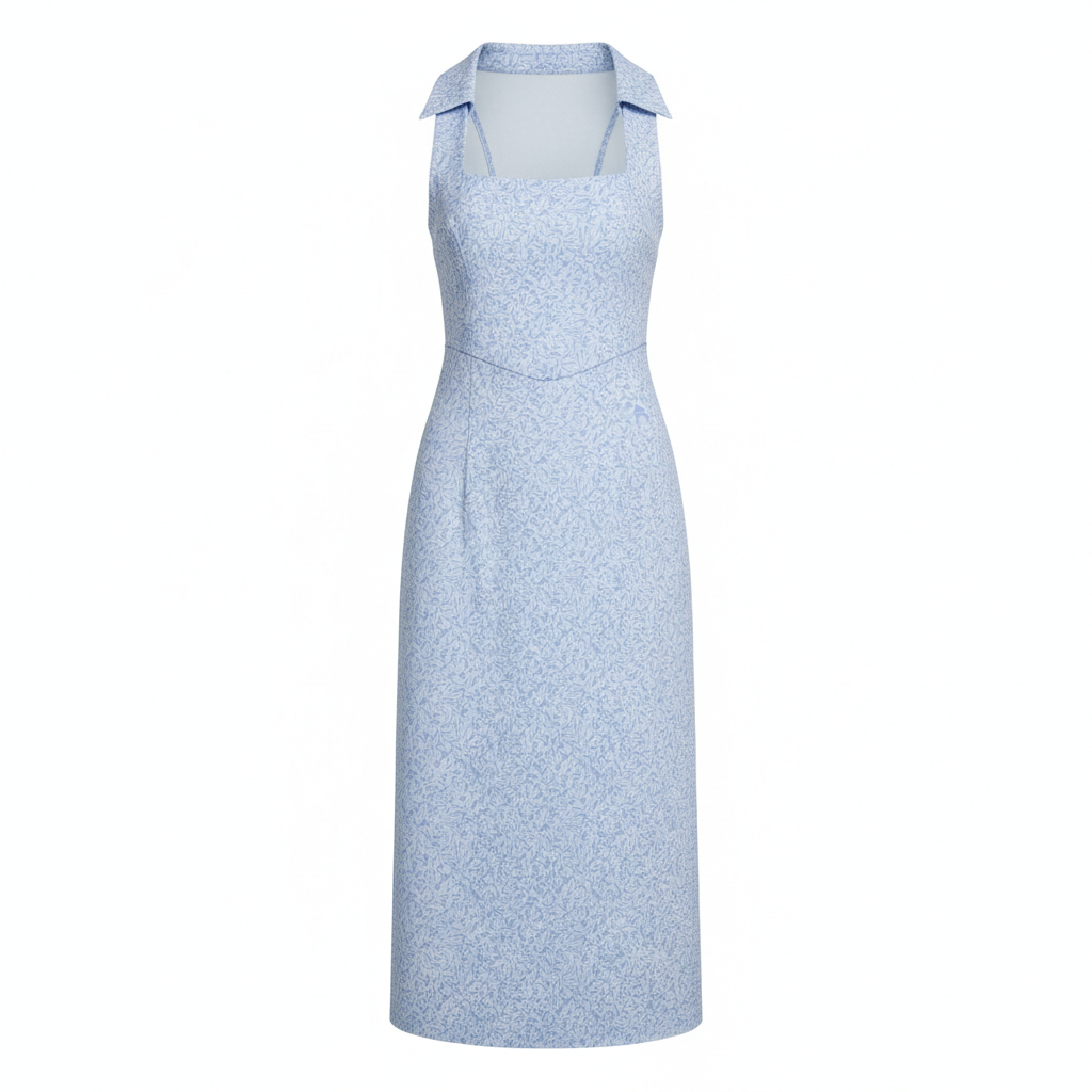 Light Blue Printed Polyester Midi Dress with Square Neck and Collar Detail