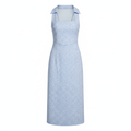 Light Blue Printed Polyester Midi Dress with Square Neck and Collar Detail