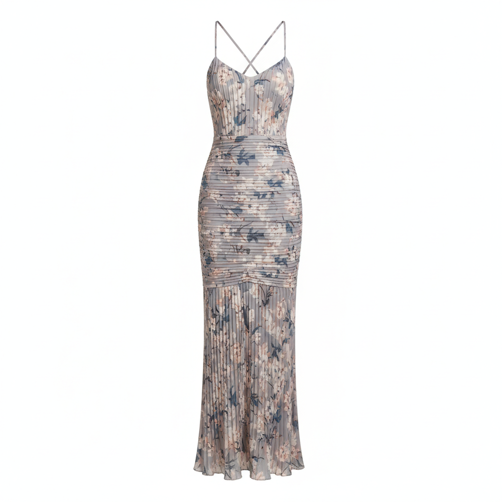 Floral Print Pleated Satin Maxi Dress for Women with Cross Strap Design and Bodycon Fit