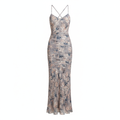 Floral Print Pleated Satin Maxi Dress for Women with Cross Strap Design and Bodycon Fit