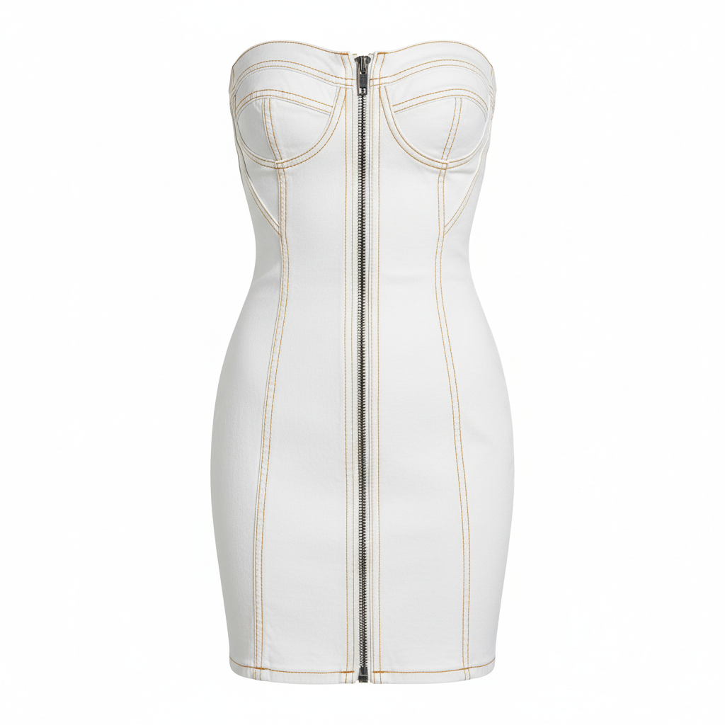 White Faux Leather Strapless Bodycon Dress with Front Zipper and Contrasting Stitching