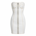 White Faux Leather Strapless Bodycon Dress with Front Zipper and Contrasting Stitching