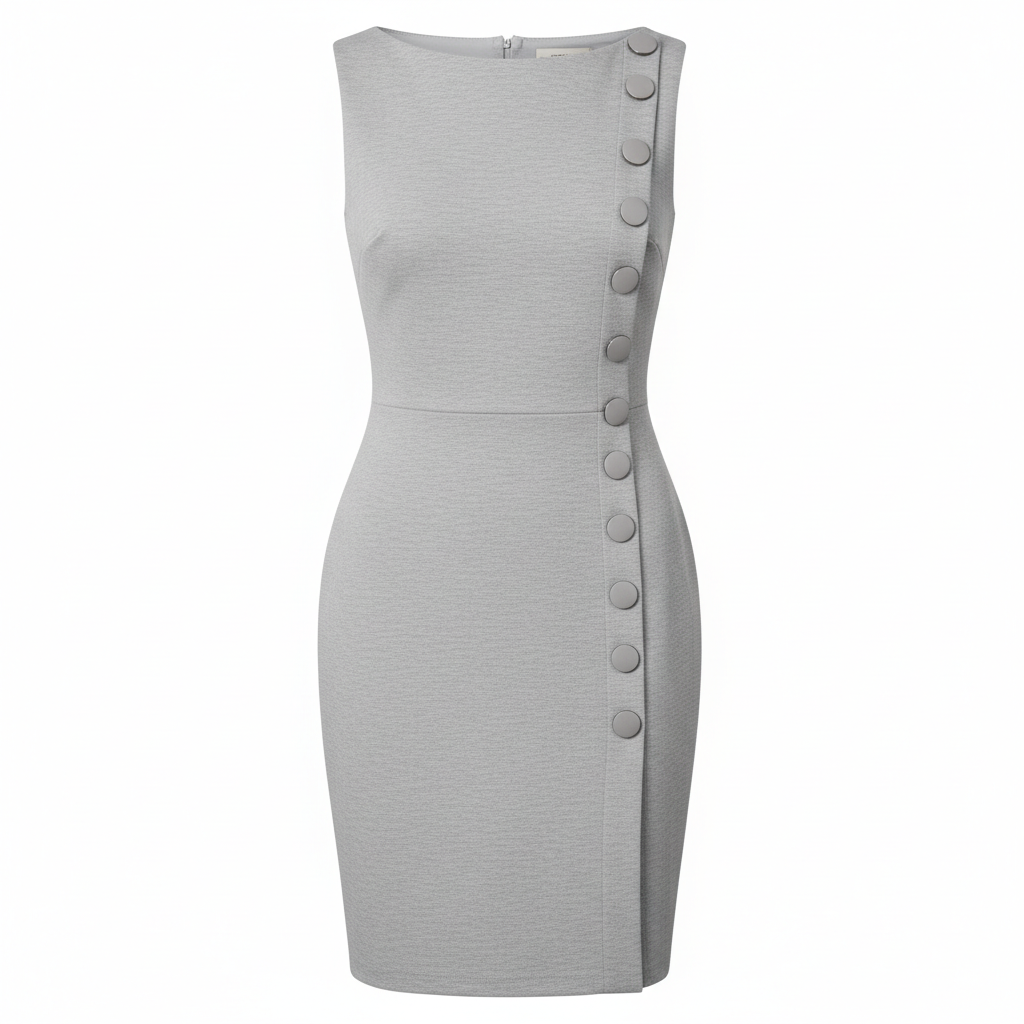 Light Gray Stretch Woven Sheath Dress with Side Button Detail