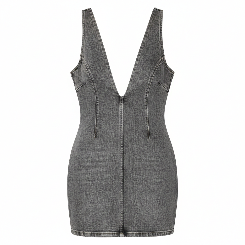 Denim Bodycon Mini Dress with Deep V-Neck and Back Cutout