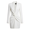 Silk-like Twisted Waist Sheath Dress with Deep V-Neck and Long Sleeves