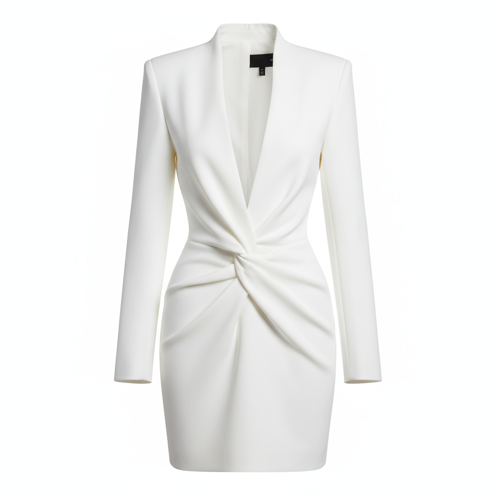 Silk-like Twisted Waist Sheath Dress with Deep V-Neck and Long Sleeves