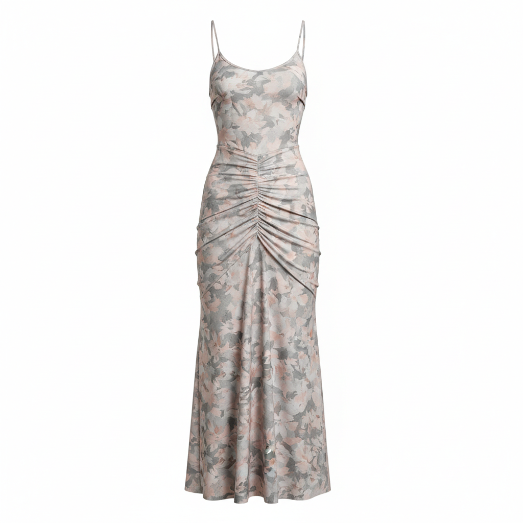 Silk-like Satin Floral Print Bodycon Maxi Dress with Ruched Waist and Side Slit