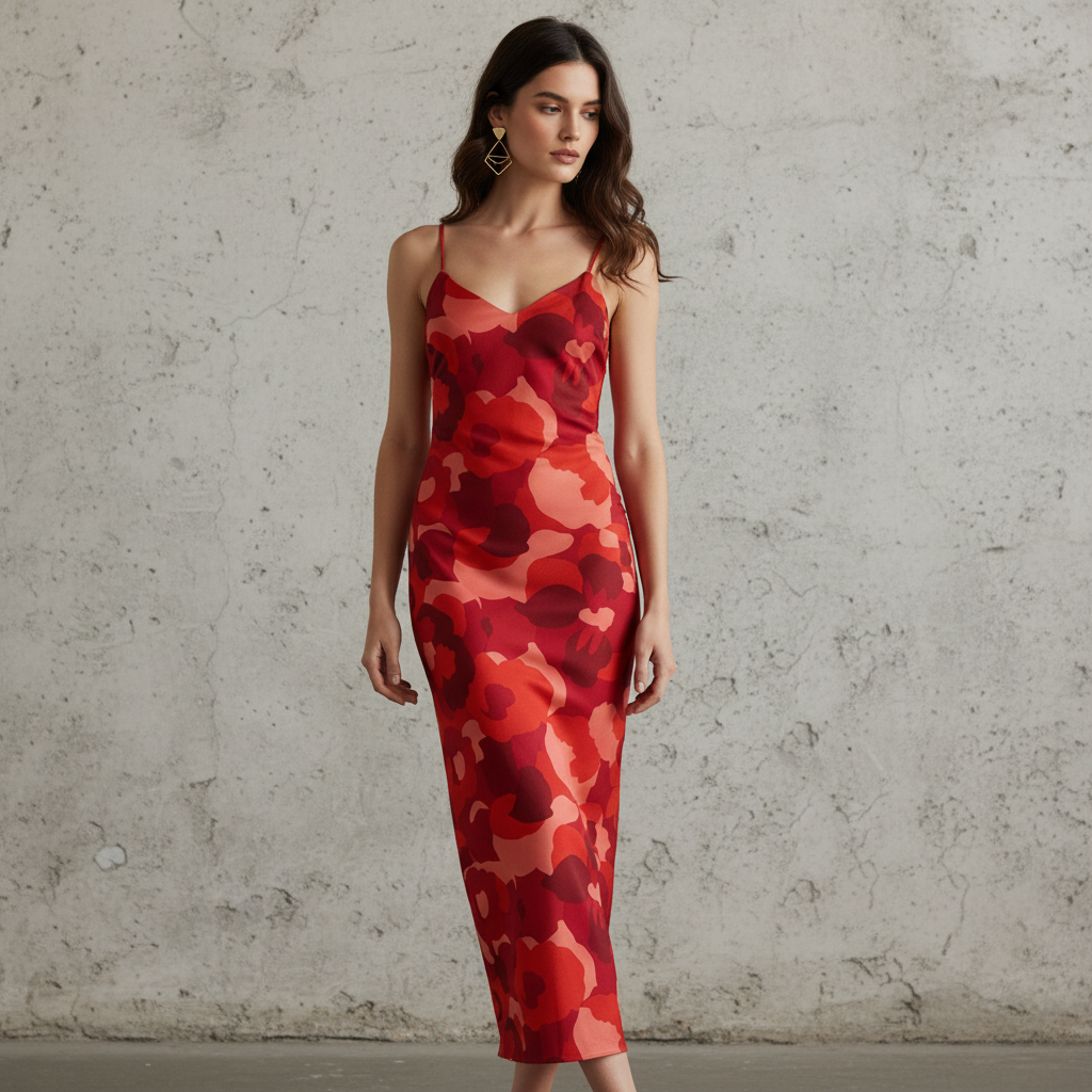 Silk Satin Floral Print Slip Dress for Women - Elegant V-Neck Mid-Length Bodycon Dress with Thin Straps