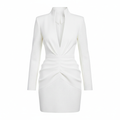 White Structured Blazer Dress with Deep V-Neck and Ruched Waist in Polyester Fabric