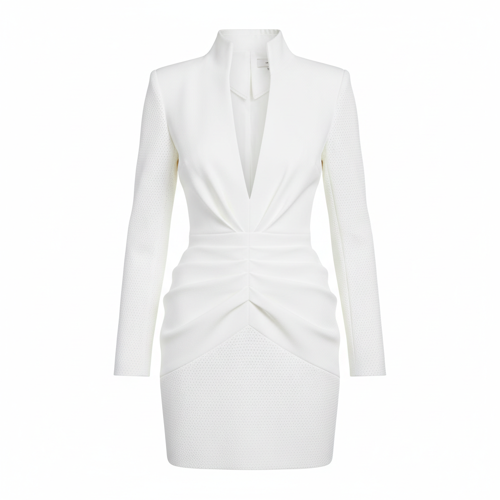 White Structured Blazer Dress with Deep V-Neck and Ruched Waist in Polyester Fabric