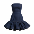 Denim Strapless Ruffle Mini Dress with Fitted Bodice and Flared Hem