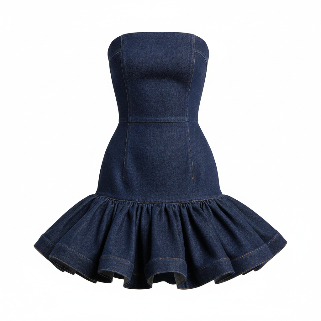 Denim Strapless Ruffle Mini Dress with Fitted Bodice and Flared Hem