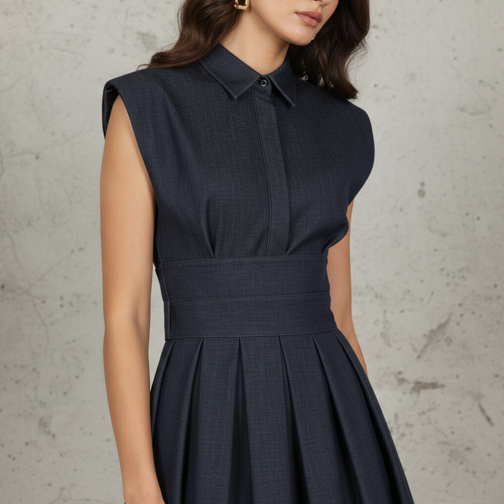 Woven Polyester Midi Dress with Collar and Pleated Skirt