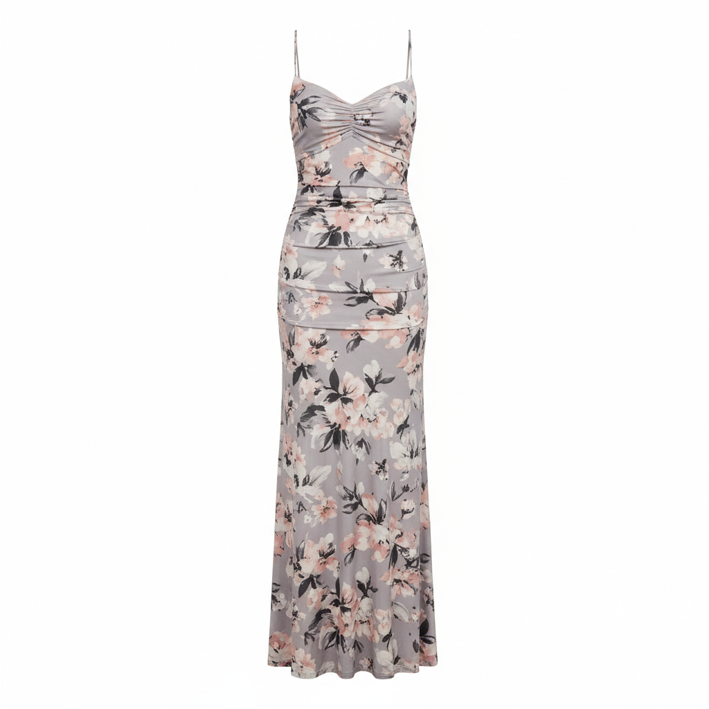 Silk-Like Floral Print Maxi Dress with Ruched Bodice and Thin Straps for Women