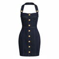 Denim Button Front Halter Mini Dress with Gold Buttons