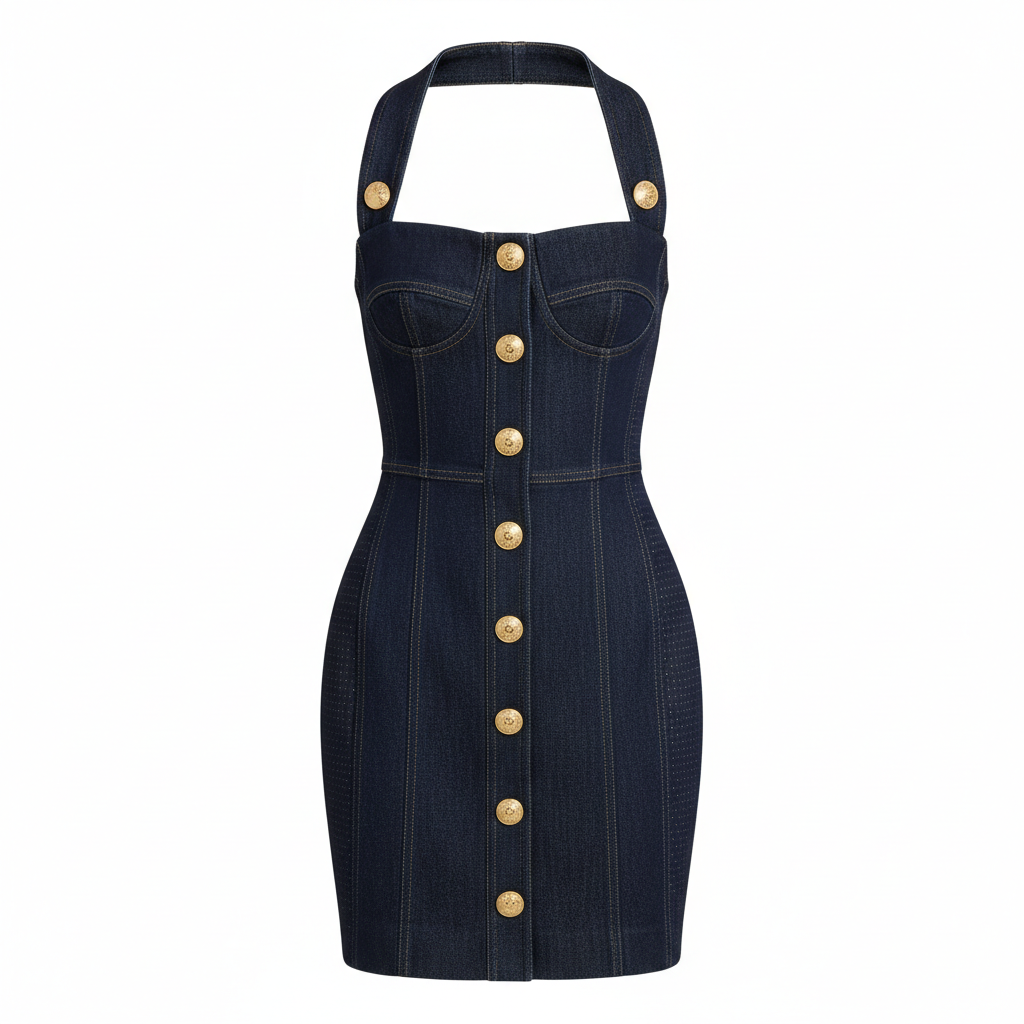 Denim Button Front Halter Mini Dress with Gold Buttons