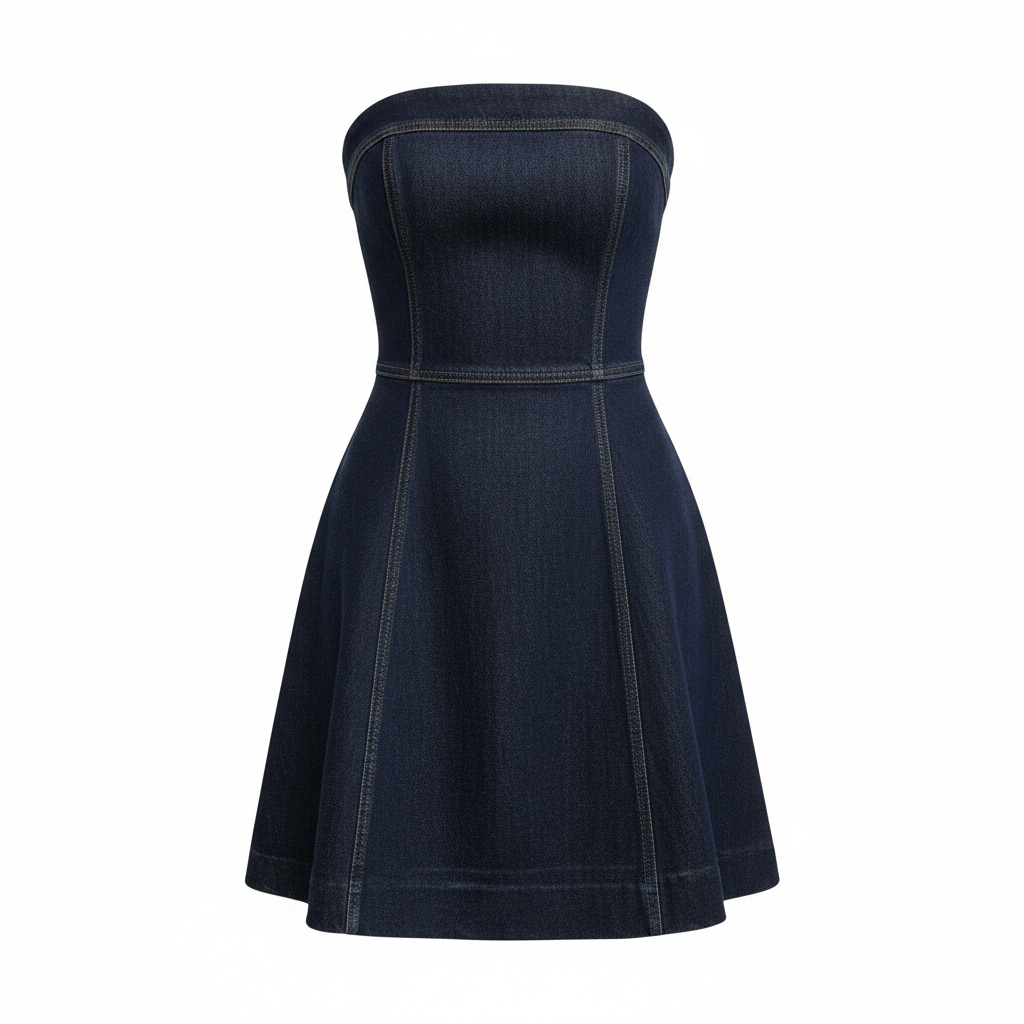 Denim Strapless A-Line Dress for Women, Fitted Waist with Flared Skirt, Casual Summer Fashion Dress