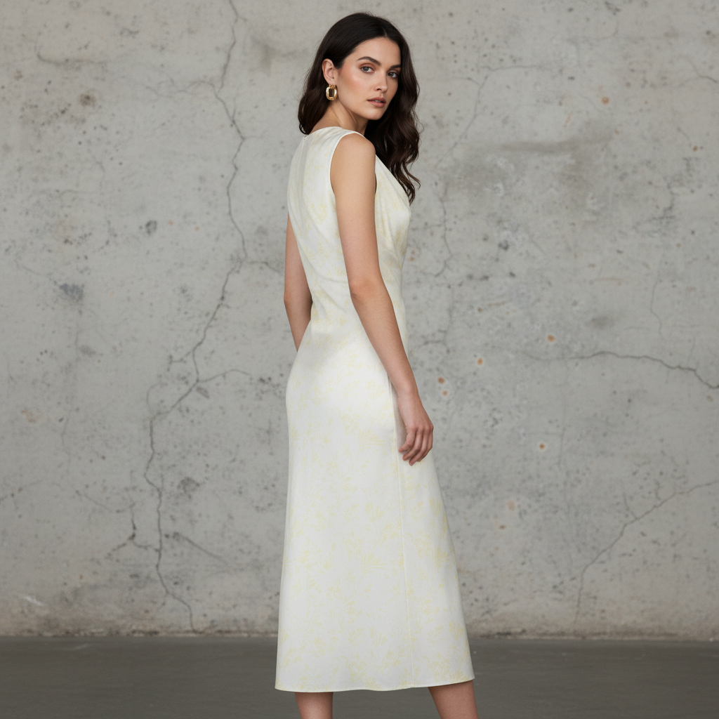 Silk-like Cowl Neck Midi Dress for Women - Elegant and Flowing Sleeveless Design with Subtle Floral Pattern