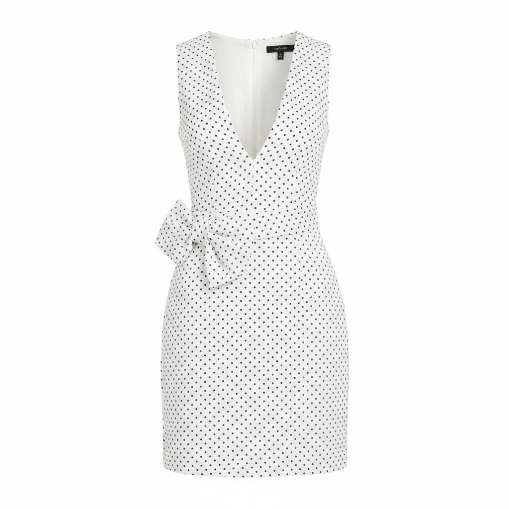 Polka Dot V-Neck Sleeveless Sheath Dress in Polyester Fabric for Women