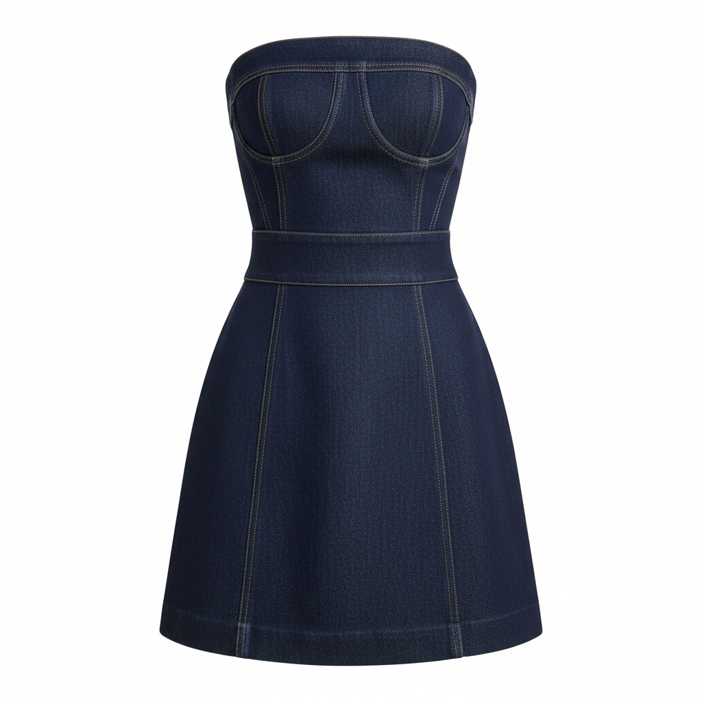 Denim Strapless Mini Dress with Structured Bust and Flared Skirt