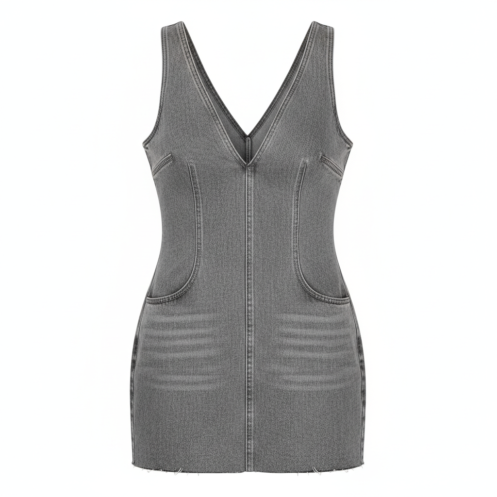 Denim Sleeveless V-Neck Bodycon Mini Dress with Front Zipper and Pockets
