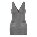 Denim Sleeveless V-Neck Bodycon Mini Dress with Front Zipper and Pockets