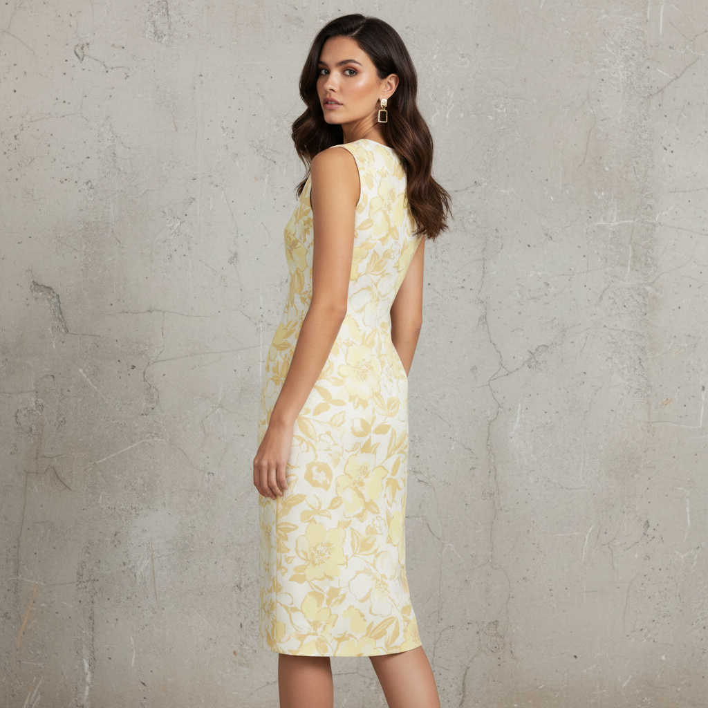 Silk-Like Sheath Dress with Yellow Floral Print - Elegant Mid-Length Sleeveless Women's Dress